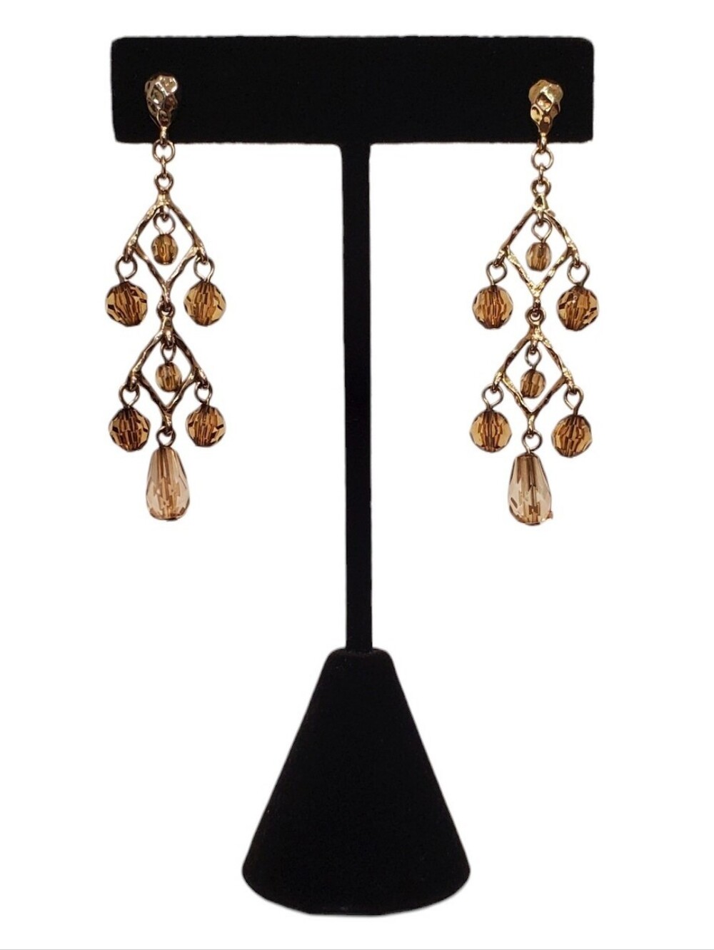 Estate Gold-Tone Champagne/Amber-Tone Faceted Beads Chandelier Dangle Earrings